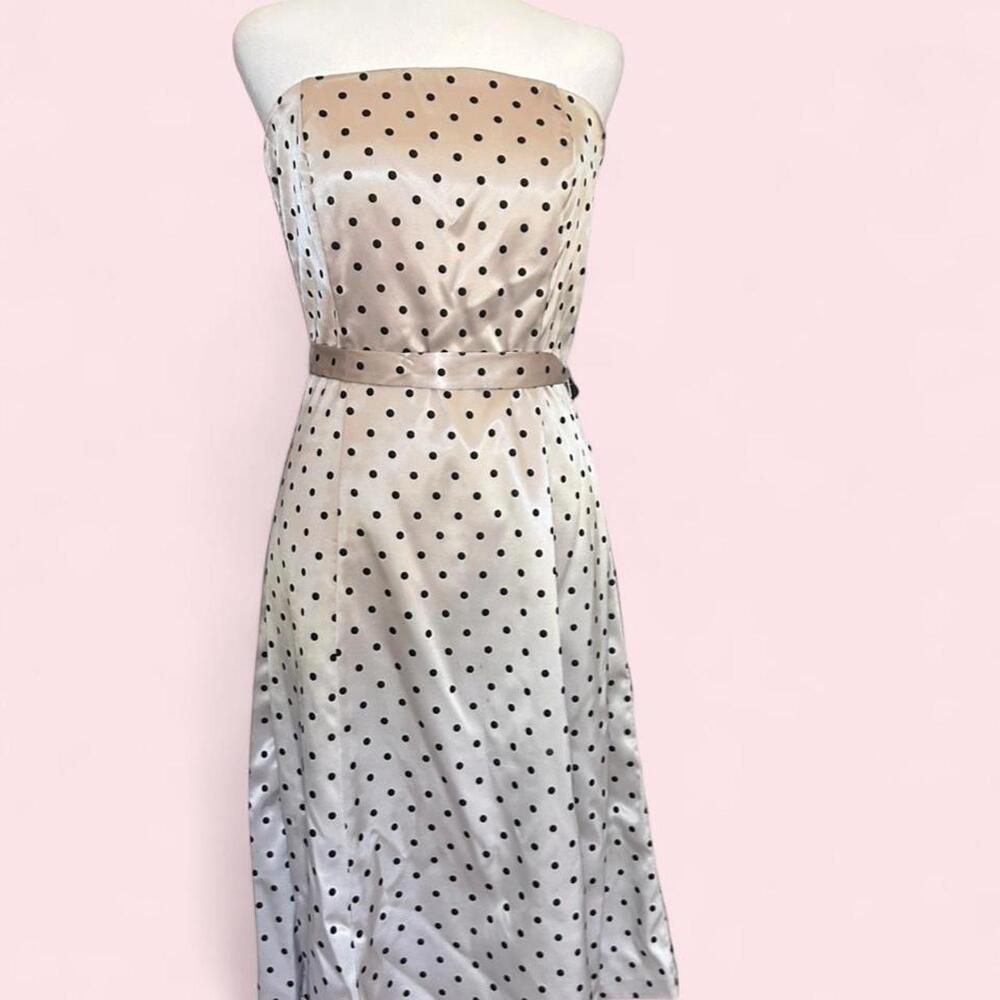 Vintage Twee Retro Cream & black polka dot Midi strapless dress with a belt